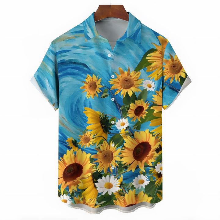 Men's Sunflower Floral Blue Short Sleeve Shirt 2305101773