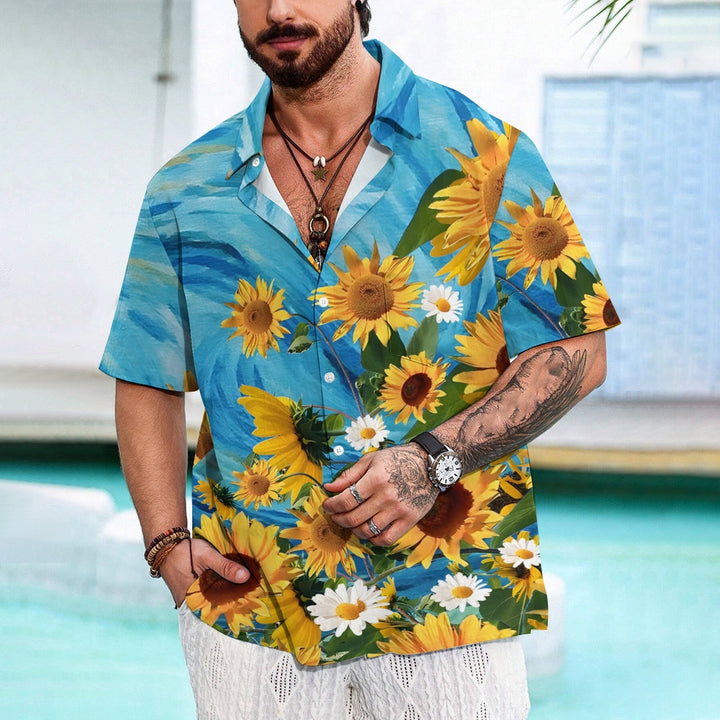 Men's Sunflower Floral Blue Short Sleeve Shirt 2305101773