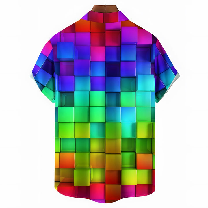 Men's Gradient Color 3D Square Printing Casual Fashion Short Sleeve Shirt 2307101478