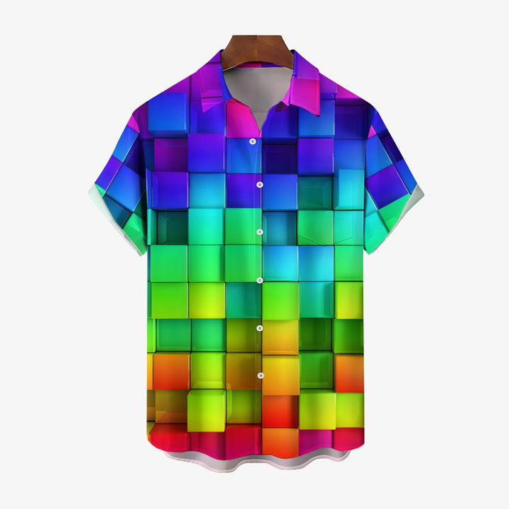 Men's Gradient Color 3D Square Printing Casual Fashion Short Sleeve Shirt 2307101478