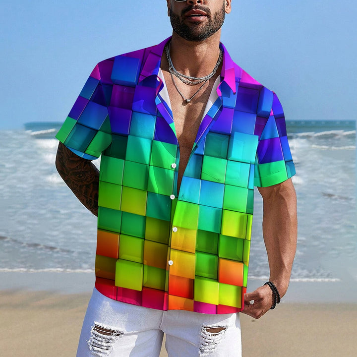 Men's Gradient Color 3D Square Printing Casual Fashion Short Sleeve Shirt 2307101478