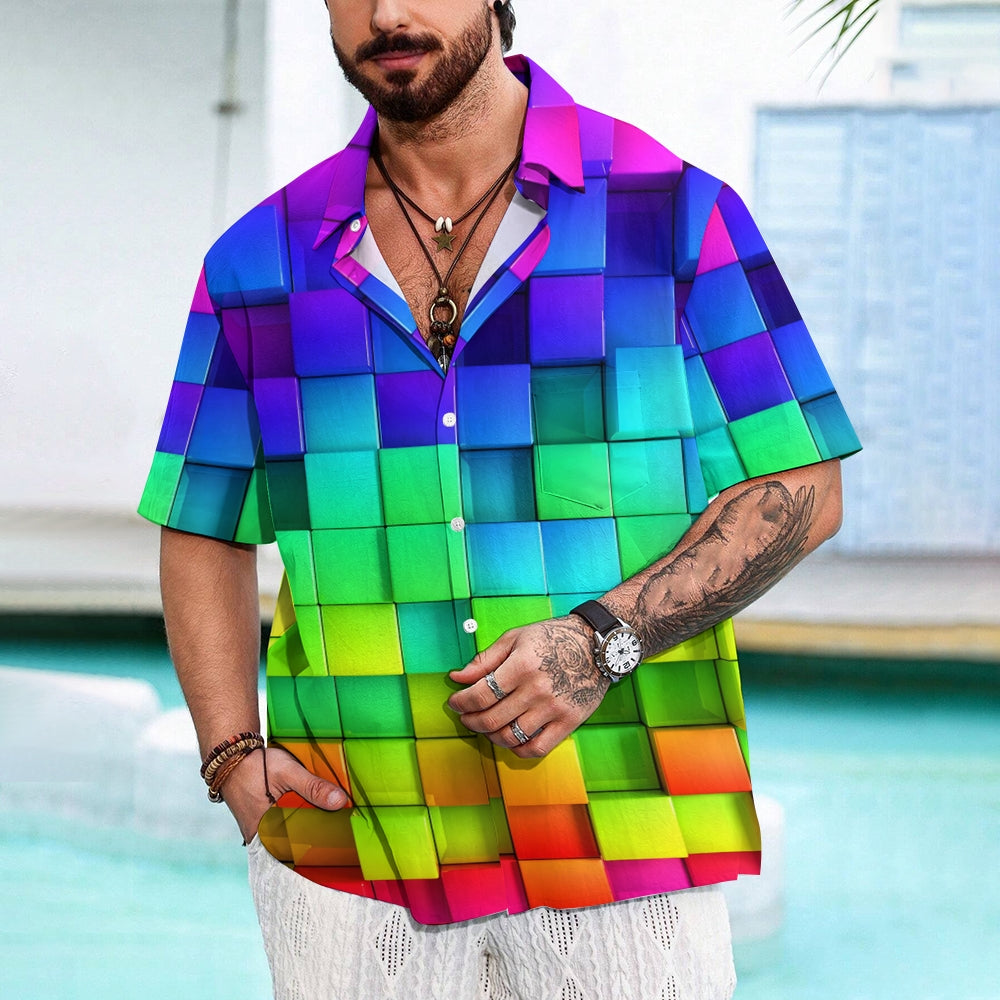 Men's Gradient Color 3D Square Printing Casual Fashion Short Sleeve Shirt 2307101478