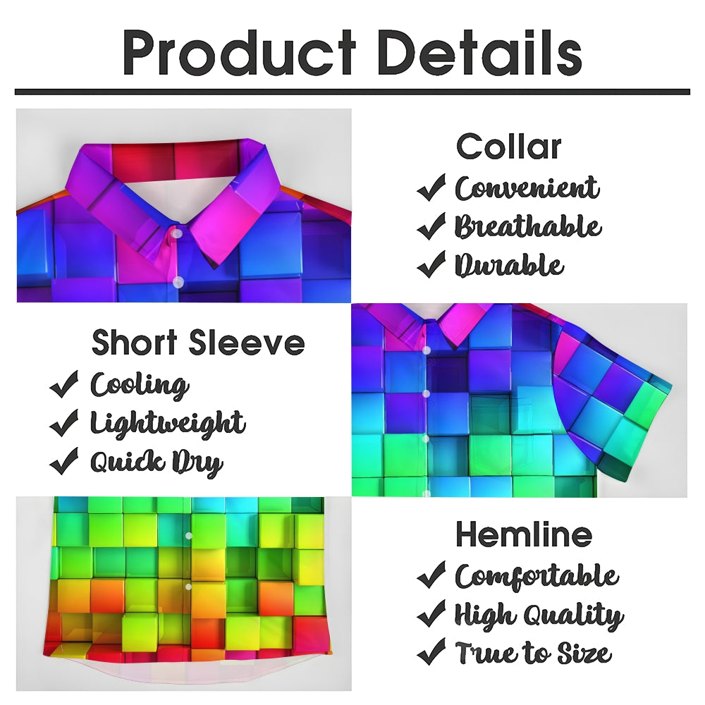 Men's Gradient Color 3D Square Printing Casual Fashion Short Sleeve Shirt 2307101478