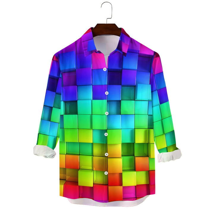 Men's Casual Gradient Color 3D SquarePrinted Long Sleeve Shirt 2311000201