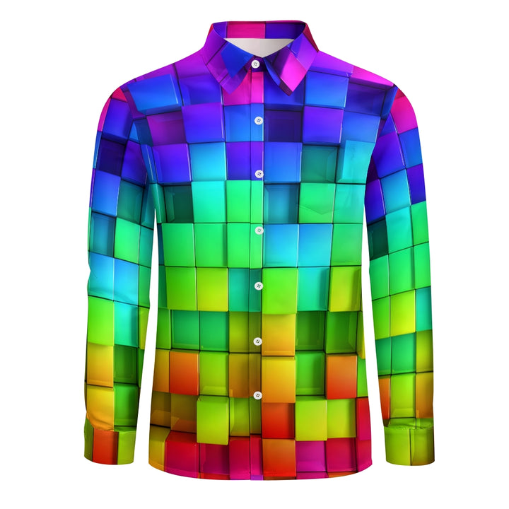 Men's Casual Gradient Color 3D SquarePrinted Long Sleeve Shirt 2311000201