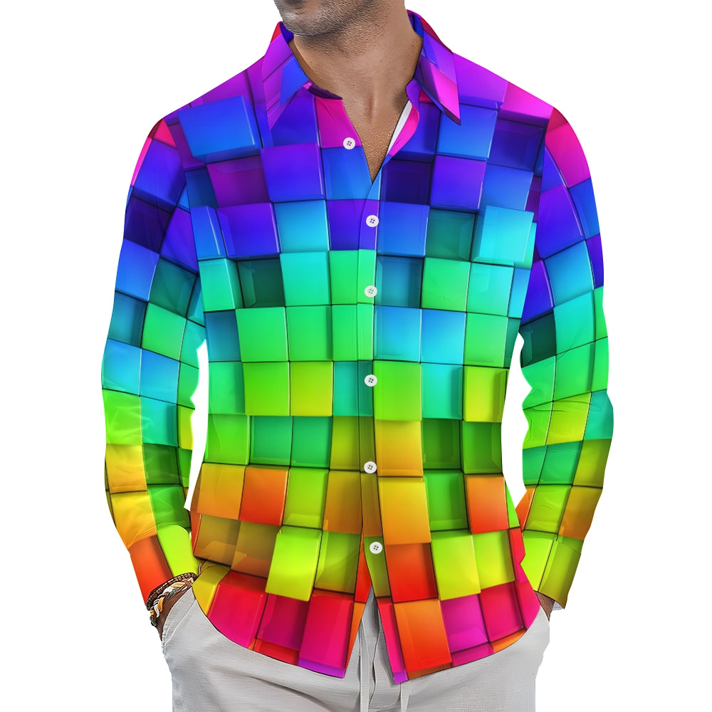 Men's Casual Gradient Color 3D SquarePrinted Long Sleeve Shirt 2311000201