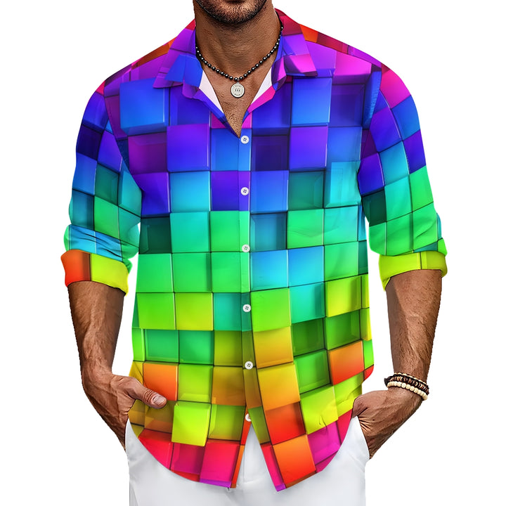 Men's Casual Gradient Color 3D SquarePrinted Long Sleeve Shirt 2311000201