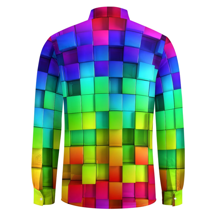 Men's Casual Gradient Color 3D SquarePrinted Long Sleeve Shirt 2311000201