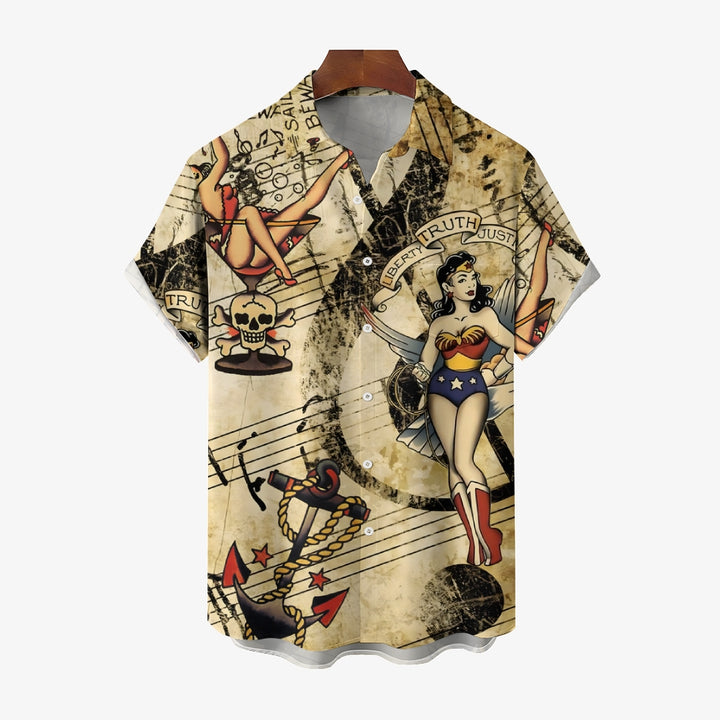 Vintage Camp Collar Music Pin Up Girl Print Beach Men's Hawaiian Oversized Shirt With Pocket 2311000212