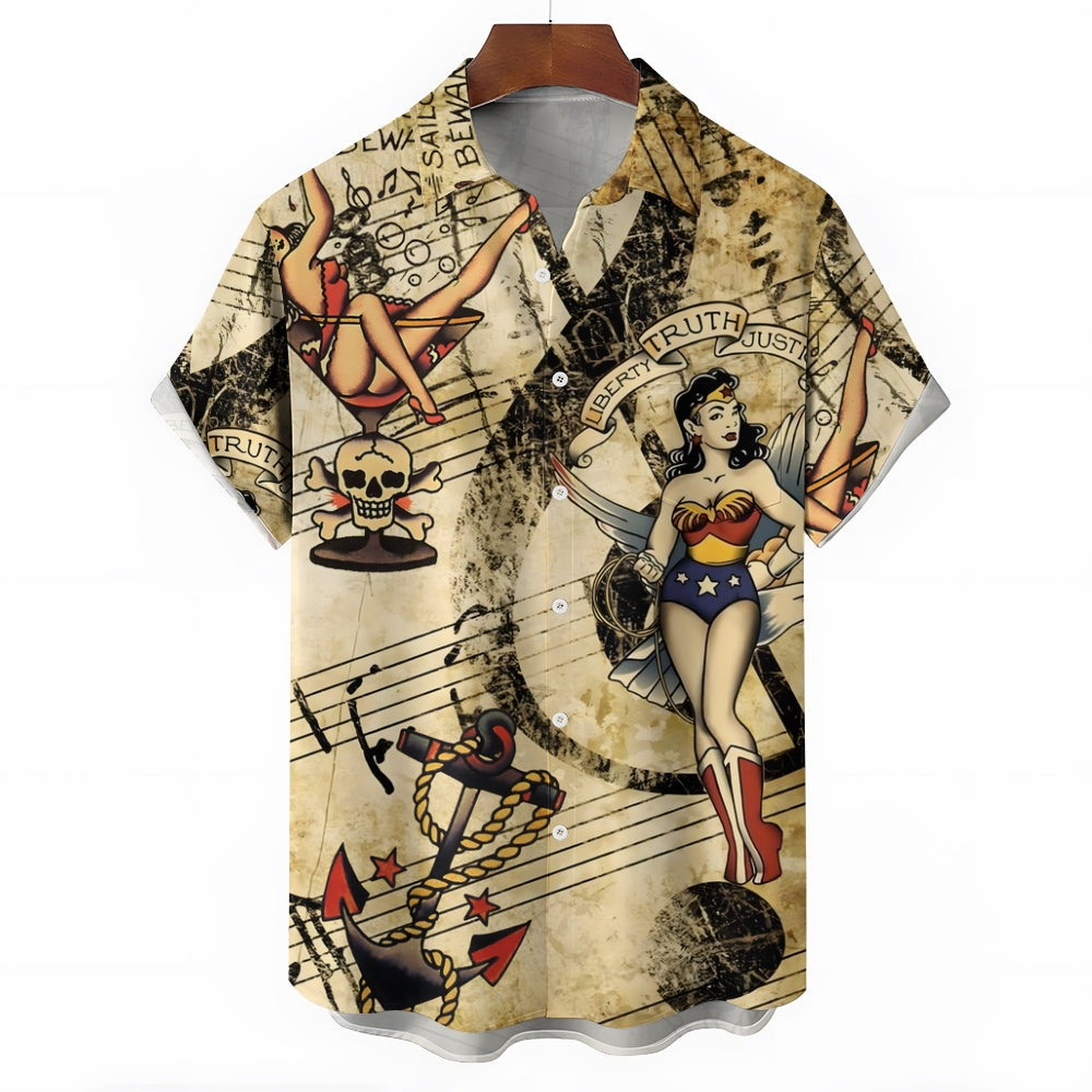 Vintage Camp Collar Music Pin Up Girl Print Beach Men's Hawaiian Oversized Shirt With Pocket 2311000212