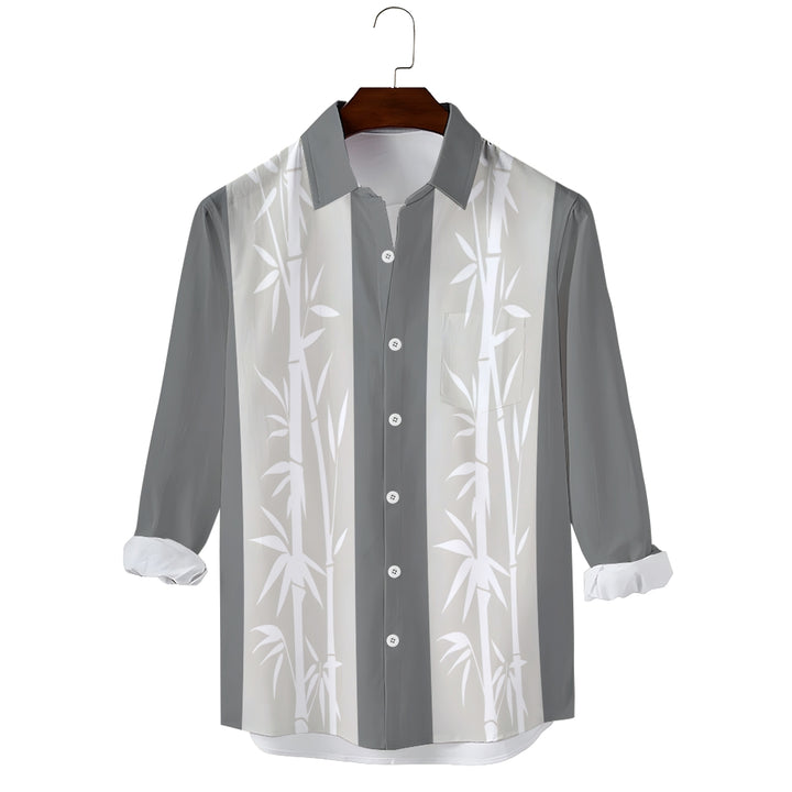 Men's Casual Vintage Bamboo Classic Stripes Printed Long Sleeve Shirt 2403000051