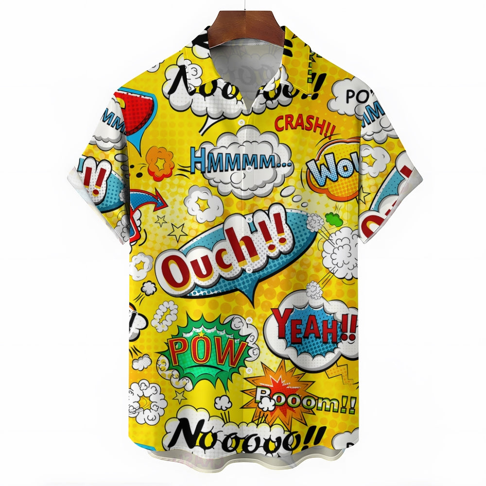Comic Yellow Casual Fashion Chest Pocket Short Sleeve Shirt 2307101610