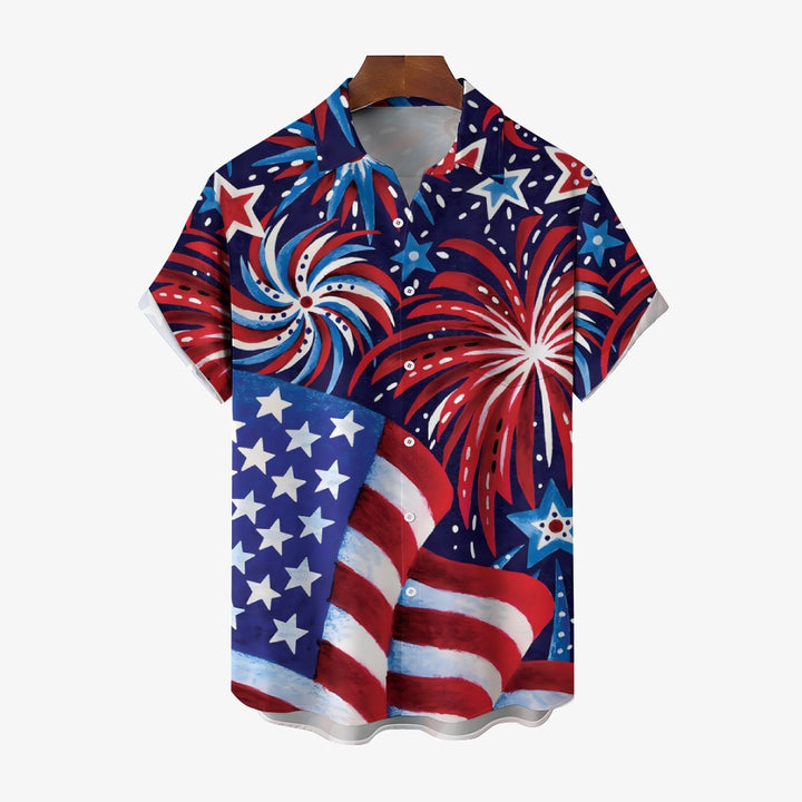 American Flag Chest Pocket Short Sleeve Cotton Linen Lounge Shirt 2306101234