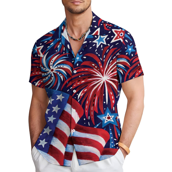 American Flag Chest Pocket Short Sleeve Cotton Linen Lounge Shirt 2306101234