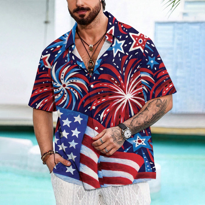 American Flag Chest Pocket Short Sleeve Cotton Linen Lounge Shirt 2306101234