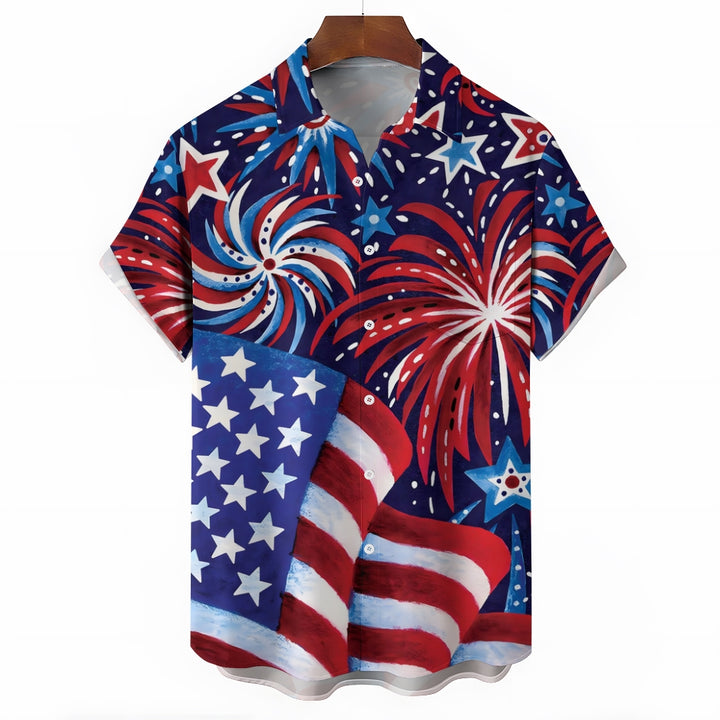 American Flag Chest Pocket Short Sleeve Cotton Linen Lounge Shirt 2306101234