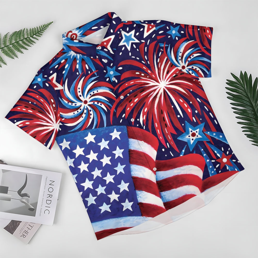 American Flag Chest Pocket Short Sleeve Cotton Linen Lounge Shirt 2306101234