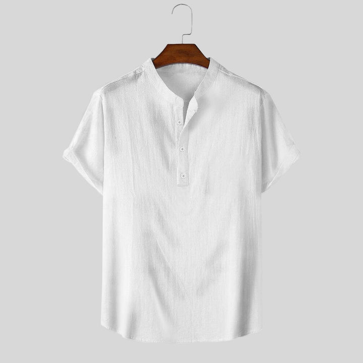 Breathable And Comfortable Cotton And Linen Stand-Up Collar Half-Lapel Short-Sleeved Shirt 2405000991