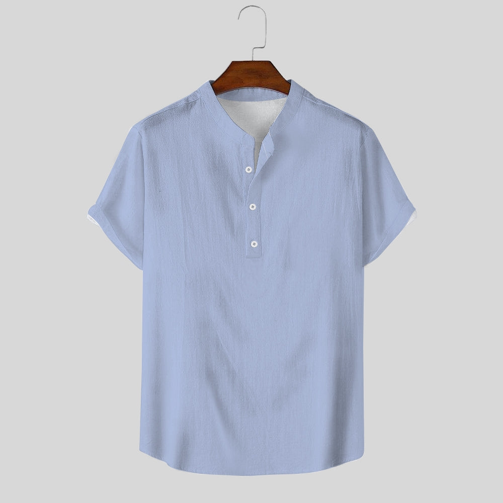 Breathable And Comfortable Cotton And Linen Stand-Up Collar Half-Lapel Short-Sleeved Shirt 2405000991