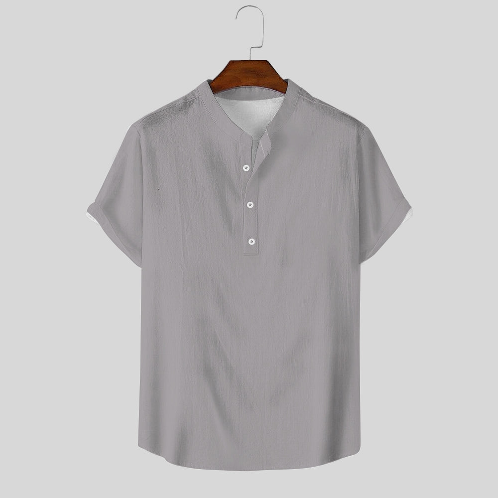 Breathable And Comfortable Cotton And Linen Stand-Up Collar Half-Lapel Short-Sleeved Shirt 2405000991