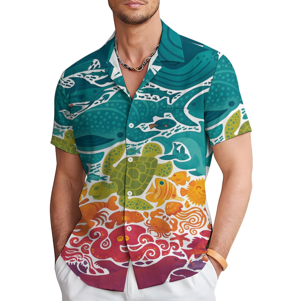 Men's Gradient Marine Life Print Casual Short Sleeve Shirt 2310000756