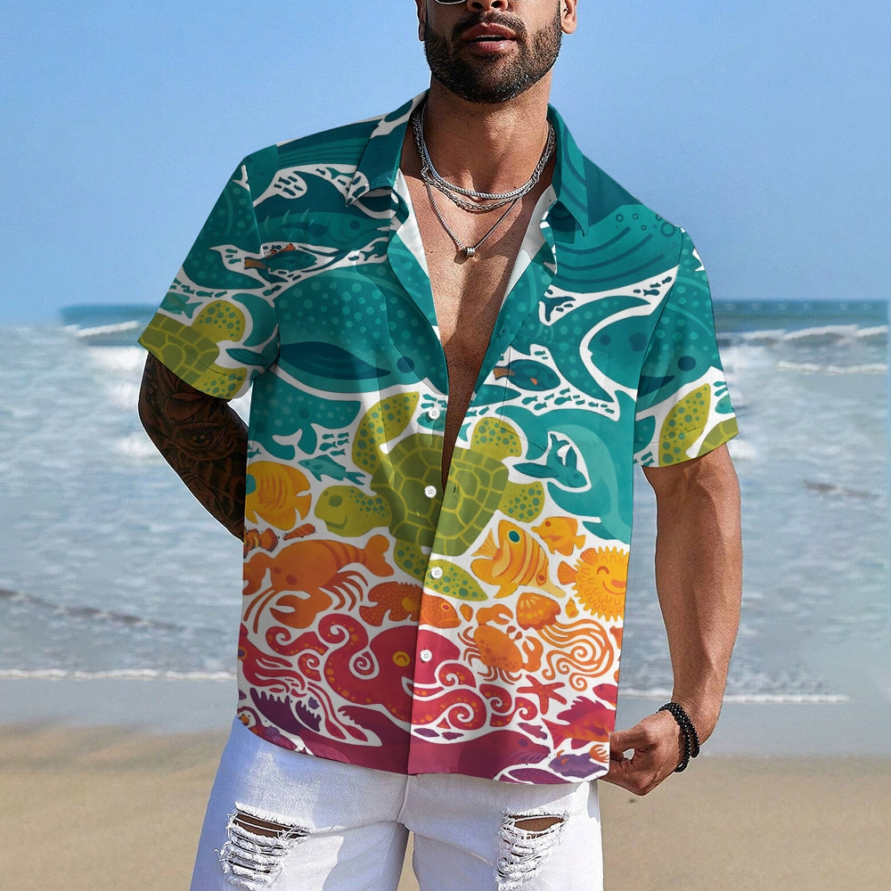 Men's Gradient Marine Life Print Casual Short Sleeve Shirt 2310000756