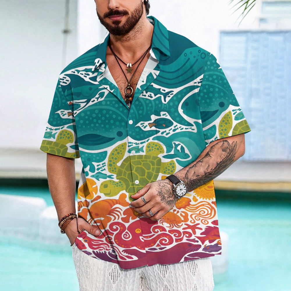 Men's Gradient Marine Life Print Casual Short Sleeve Shirt 2310000756