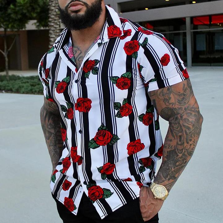 Men's Striped Rose Print Short Sleeves Shirt