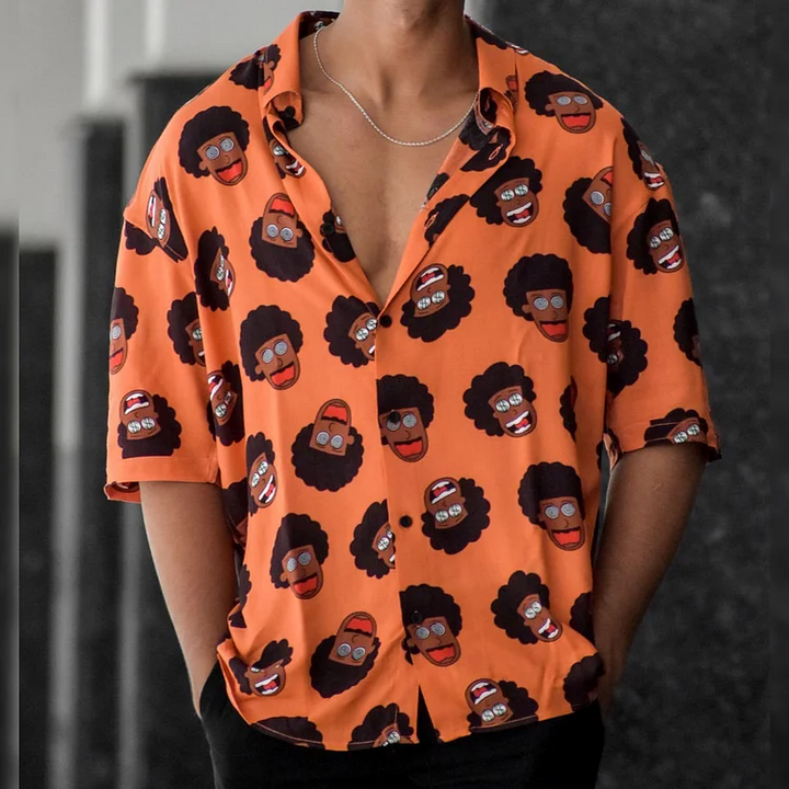 Men'S Funny Cartoon Face Print Short Sleeves Shirt