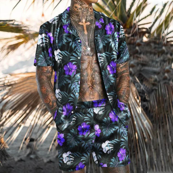 Men Purple Beach Casual Floral Print Short Sleeve Set