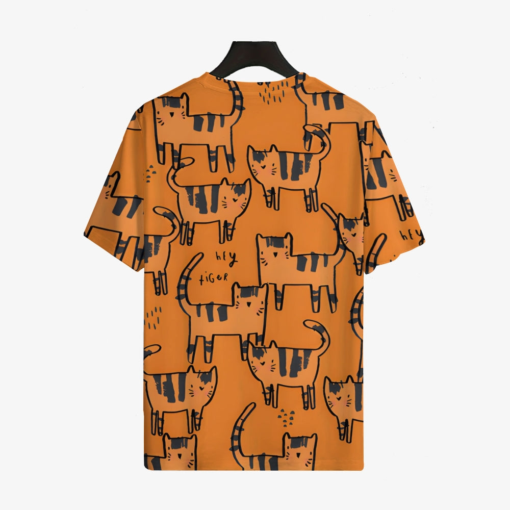 Men's Orange Cat Round Neck Casual T-shirt 2401000111