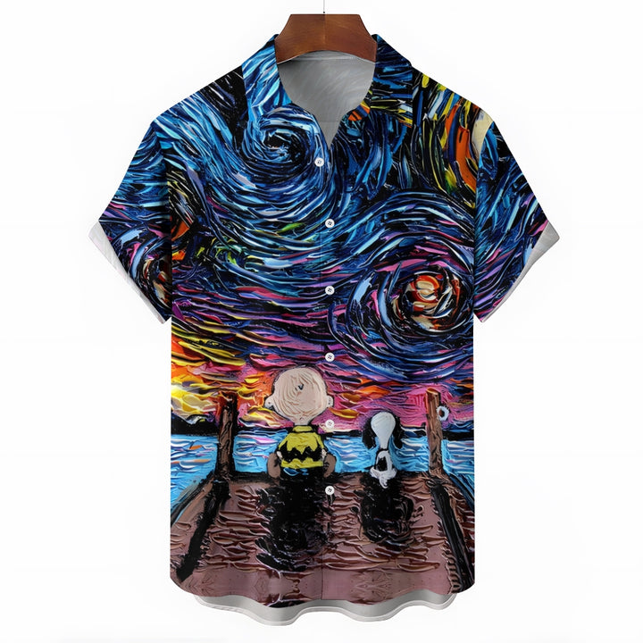 Men's Starry Sky Cartoon Character Casual Short Sleeve Shirt 2311000135