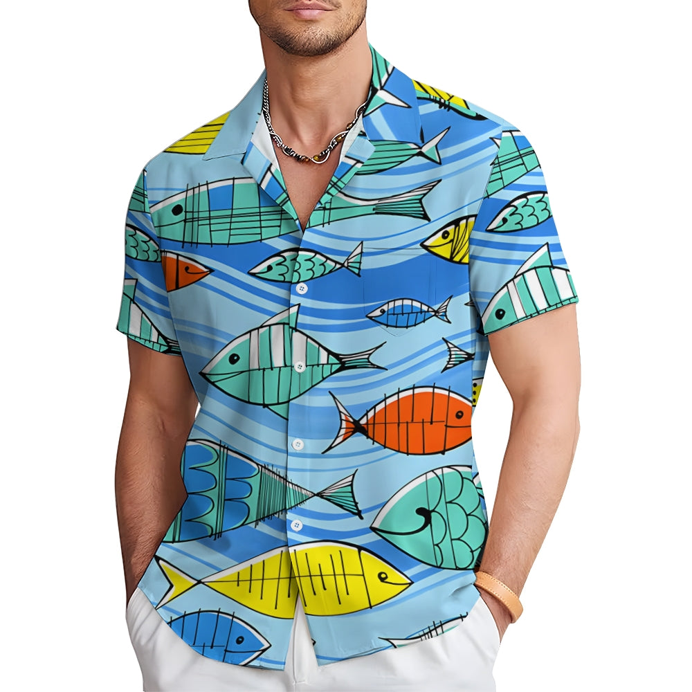 Fish Chest Pocket Short Sleeve Hawaiian Shirt 2401000129