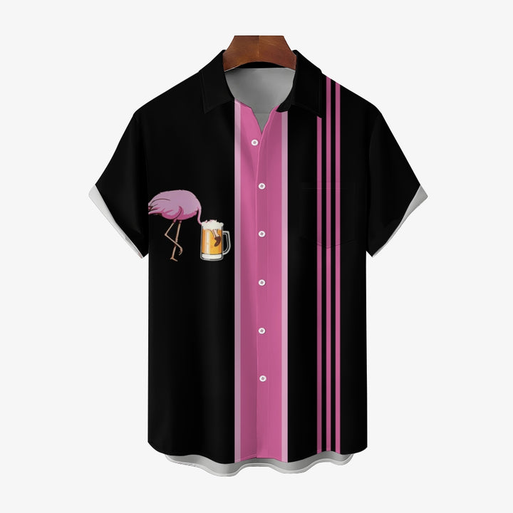 Flamingo Beer Chest Pocket Short Sleeve Bowling Shirt 2401000395