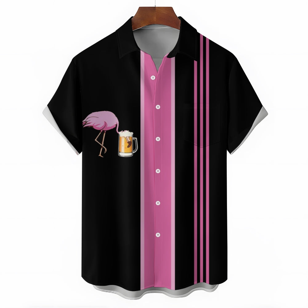 Flamingo Beer Chest Pocket Short Sleeve Bowling Shirt 2401000395