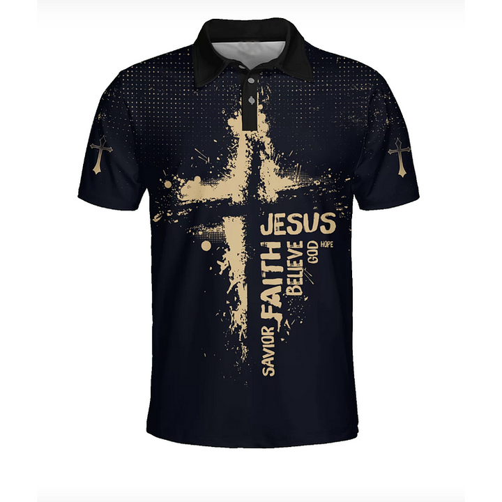 Jesus Cross Letter Printed Short Sleeve Polo Shirt