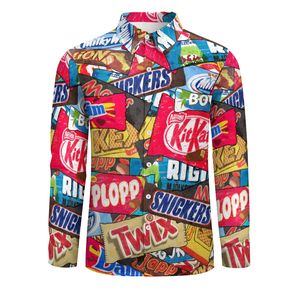 Men's Casual Snack Packaging Printed Long Sleeve Shirt 2312000290