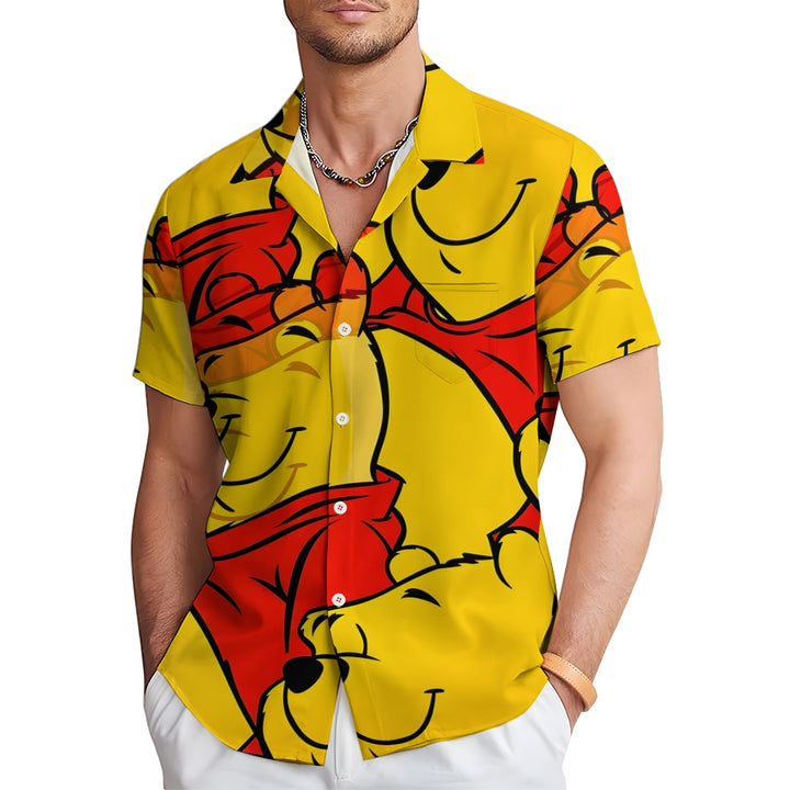 Men's Cartoon Bear Print Yellow Casual Short Sleeve Shirt 2401000343