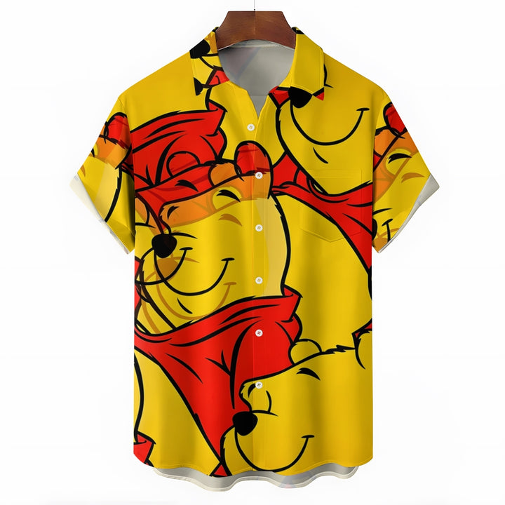 Men's Cartoon Bear Print Yellow Casual Short Sleeve Shirt 2401000343