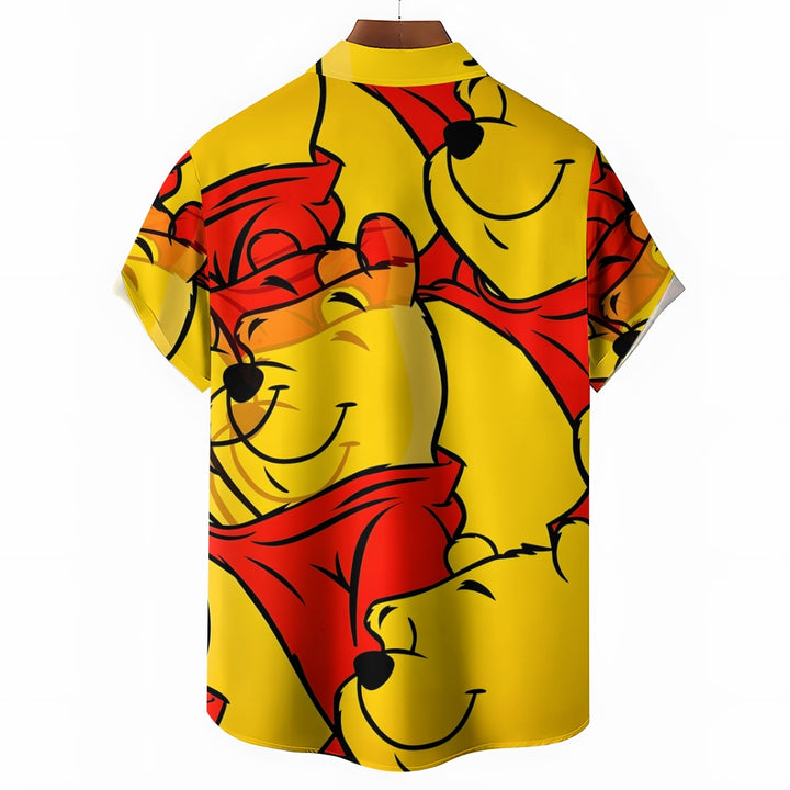Men's Cartoon Bear Print Yellow Casual Short Sleeve Shirt 2401000343
