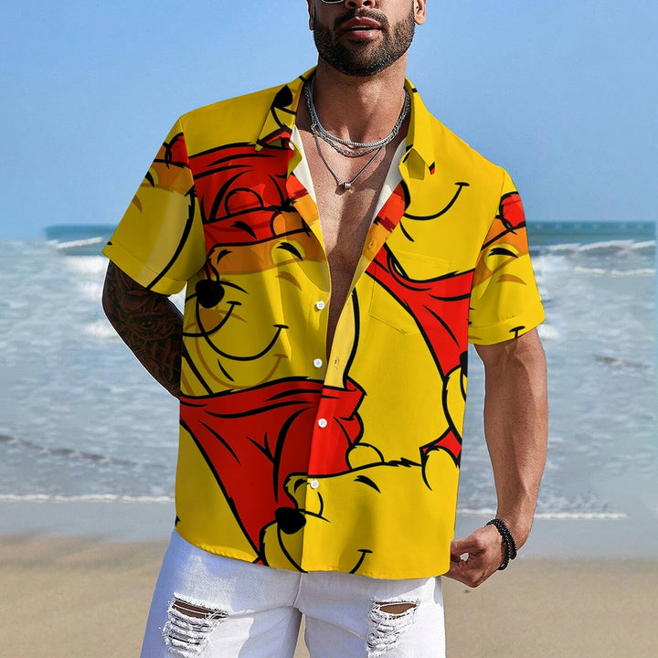 Men's Cartoon Bear Print Yellow Casual Short Sleeve Shirt 2401000343