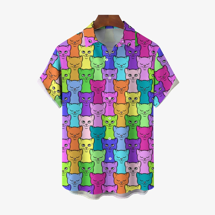 Abstract Cat Chest Pocket Short Sleeve Casual Shirt 2401000220