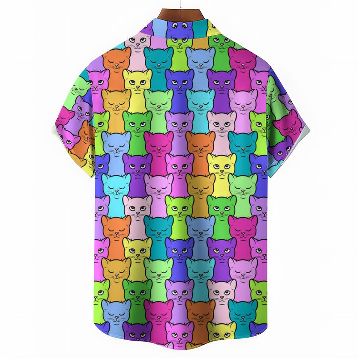Abstract Cat Chest Pocket Short Sleeve Casual Shirt 2401000220