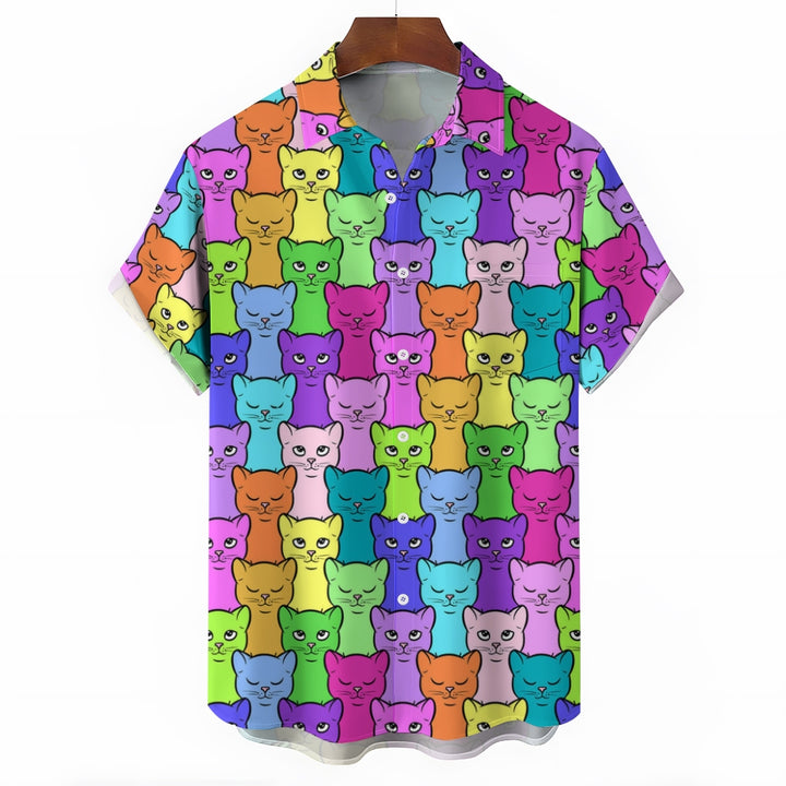 Abstract Cat Chest Pocket Short Sleeve Casual Shirt 2401000220