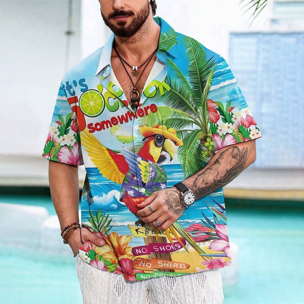 Men's Hawaiian Parrot Vacation Casual Short Sleeve Shirt 2403000469
