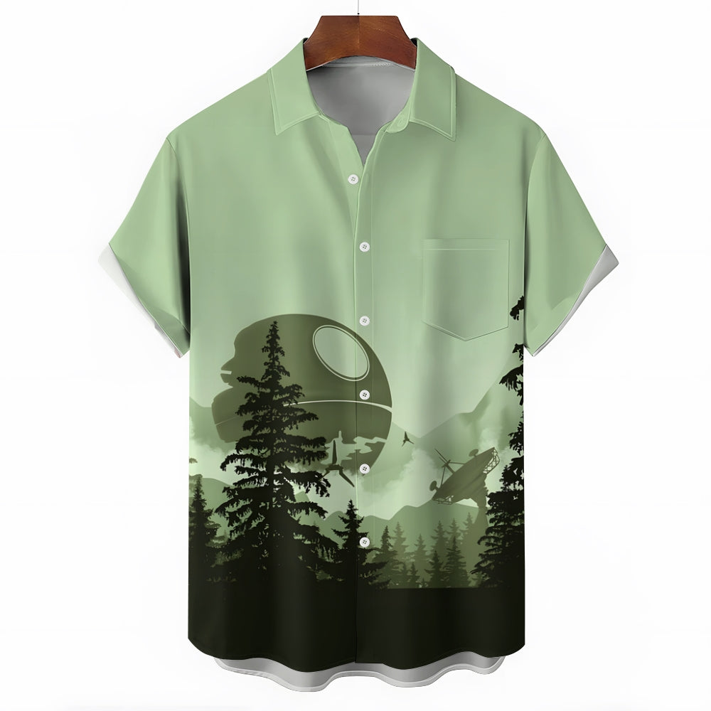 Green Mysterious Technology Base Deep In The Forest Printed Chest Pocket Short-Sleeved Shirt 2402000123