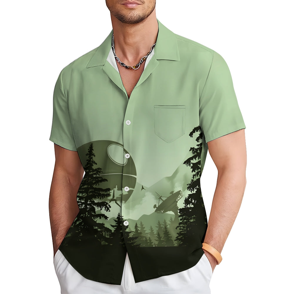 Green Mysterious Technology Base Deep In The Forest Printed Chest Pocket Short-Sleeved Shirt 2402000123