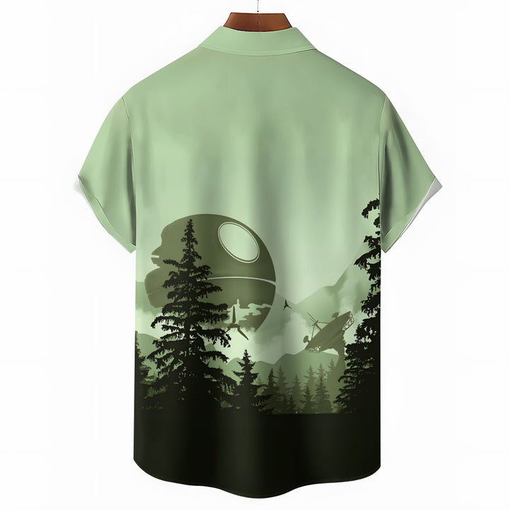 Green Mysterious Technology Base Deep In The Forest Printed Chest Pocket Short-Sleeved Shirt 2402000123