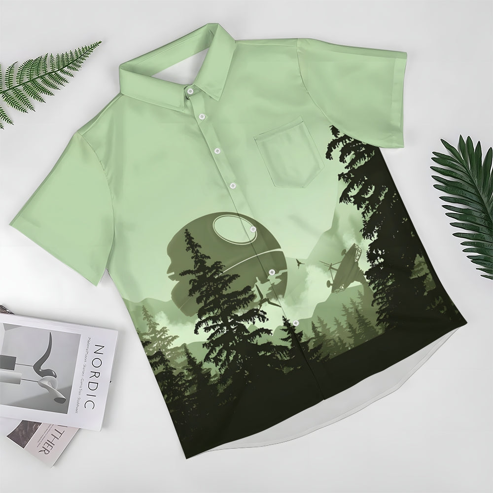 Green Mysterious Technology Base Deep In The Forest Printed Chest Pocket Short-Sleeved Shirt 2402000123