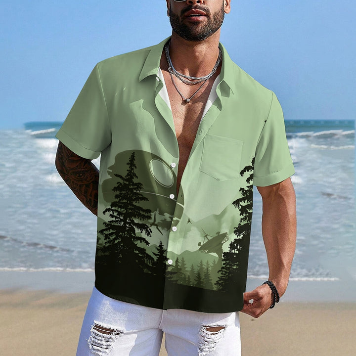 Green Mysterious Technology Base Deep In The Forest Printed Chest Pocket Short-Sleeved Shirt 2402000123